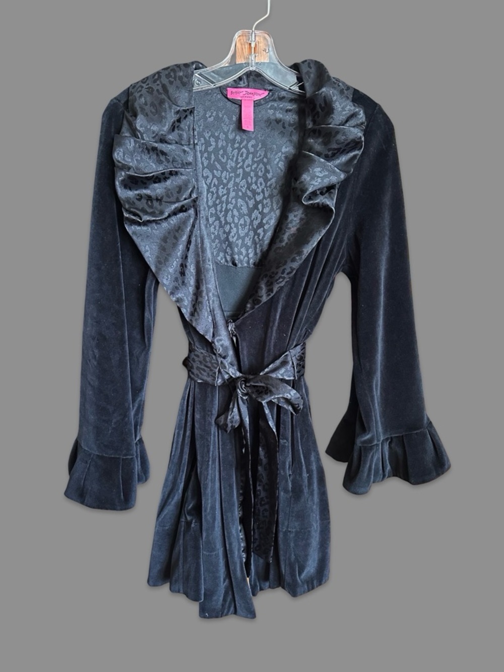 Betsey Johnson Black Velvet Ruffle Robe with Satin Leopard Trim Size Small